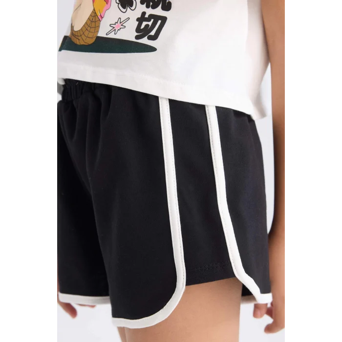 Defacto E3817 Ekru Kız Çocuk 2li Takım Kısa Kollu Tişört Esnek Belli Şort