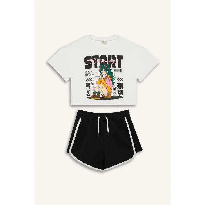 Defacto E3817 Ekru Kız Çocuk 2li Takım Kısa Kollu Tişört Esnek Belli Şort