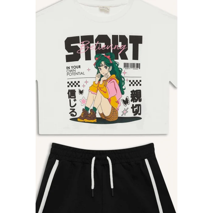 Defacto E3817 Ekru Kız Çocuk 2li Takım Kısa Kollu Tişört Esnek Belli Şort