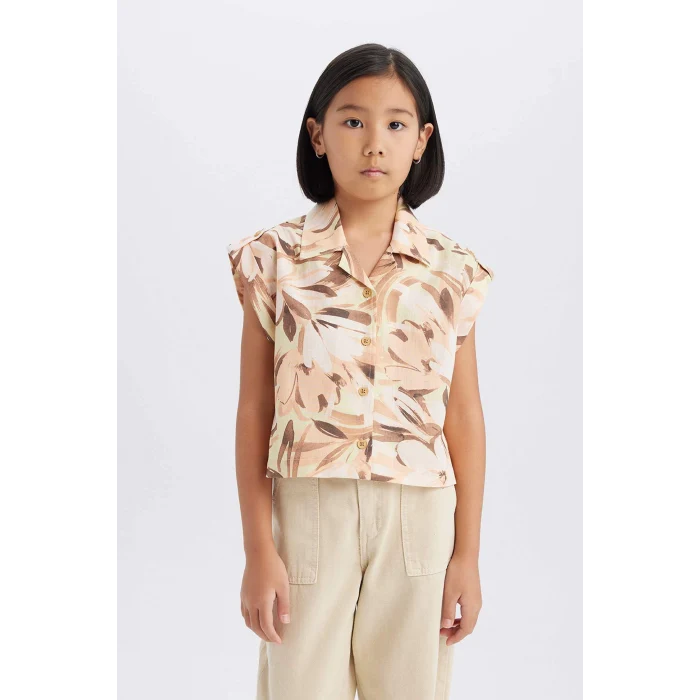 Defacto D9144 Ekru Kız Çocuk Crop Desenli Pamuklu Kısa Kollu Gömlek