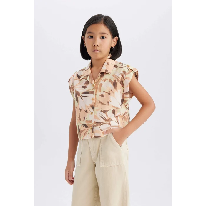 Defacto D9144 Ekru Kız Çocuk Crop Desenli Pamuklu Kısa Kollu Gömlek