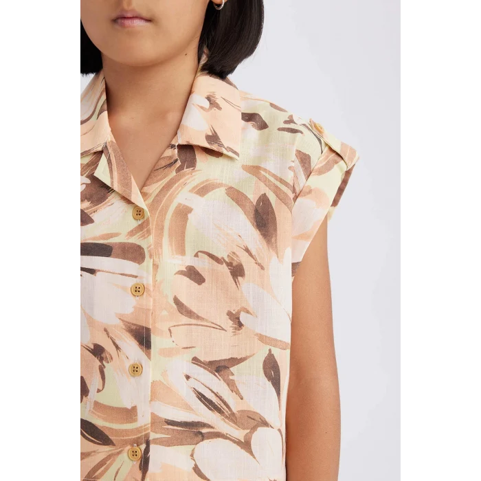 Defacto D9144 Ekru Kız Çocuk Crop Desenli Pamuklu Kısa Kollu Gömlek