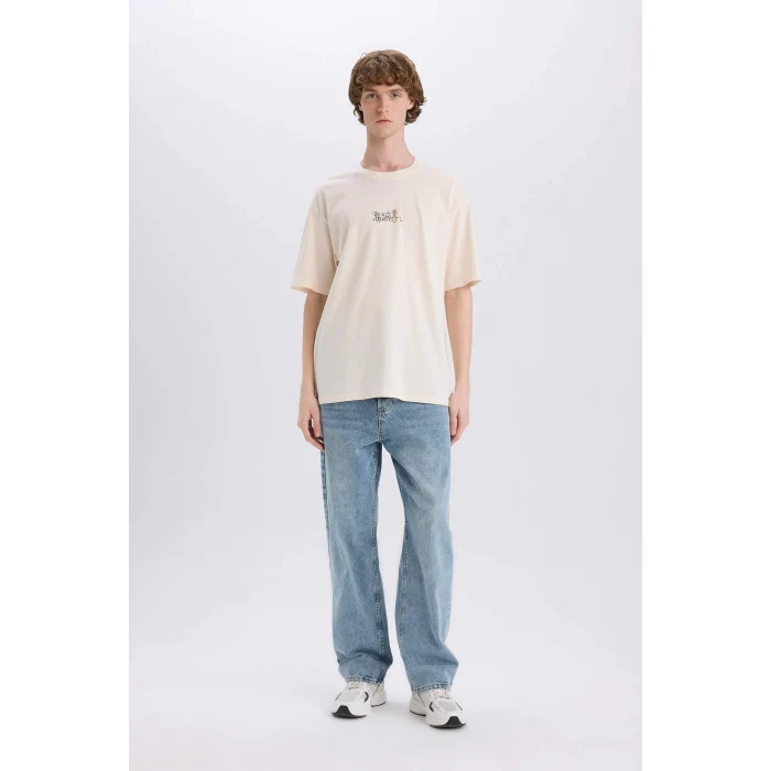 Defacto E3267 Ekru %100 Pamuk Rick and Morty Boxy Fit Bisiklet Yaka Baskılı Kısa Kollu Tişört