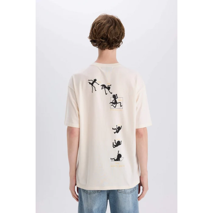 Defacto E3267 Ekru %100 Pamuk Rick and Morty Boxy Fit Bisiklet Yaka Baskılı Kısa Kollu Tişört
