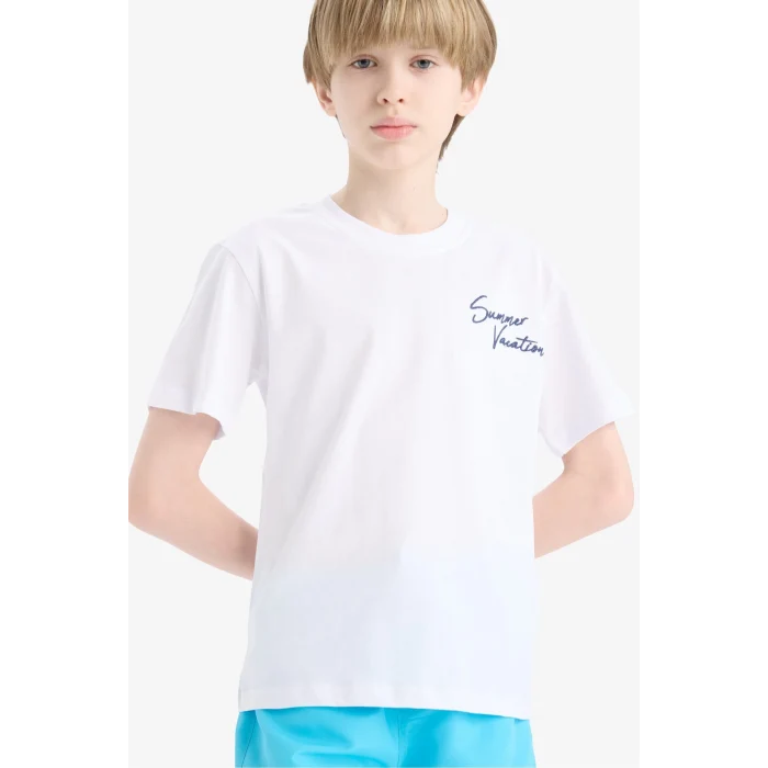 Defacto E3740 Beyaz Erkek Çocuk Bisiklet Yaka Baskılı Kısa Kollu Tişört