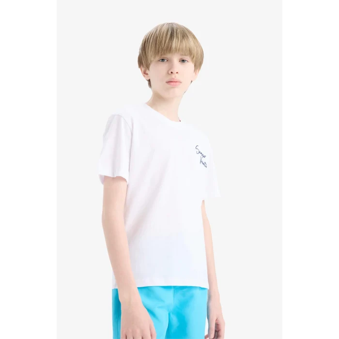 Defacto E3740 Beyaz Erkek Çocuk Bisiklet Yaka Baskılı Kısa Kollu Tişört