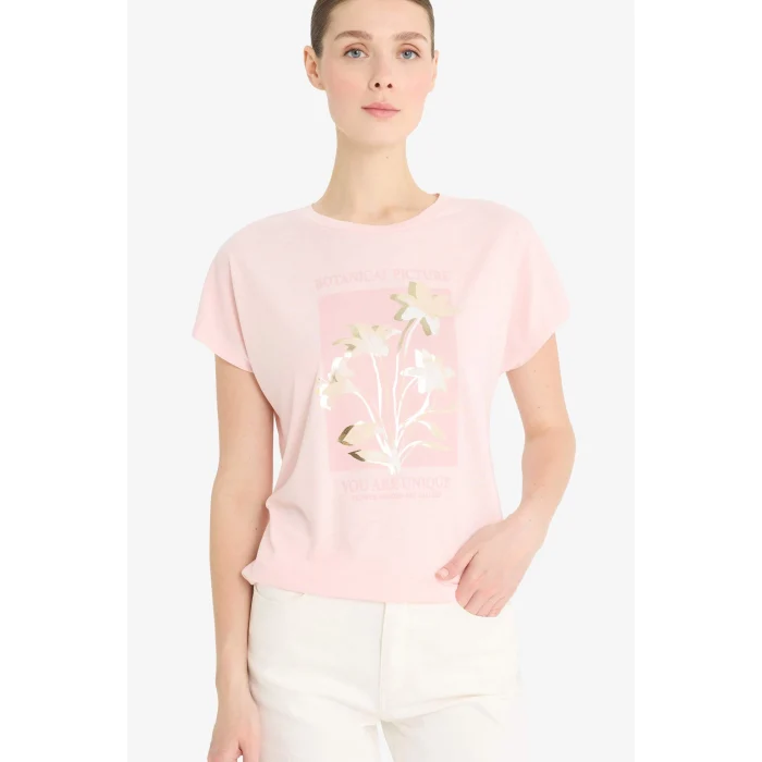 Defacto F5099 Pembe Bisiklet Yaka Çiçekli Kısa Kollu Tişört