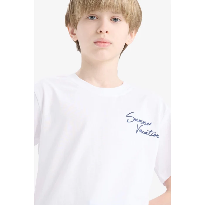 Defacto E3740 Beyaz Erkek Çocuk Bisiklet Yaka Baskılı Kısa Kollu Tişört