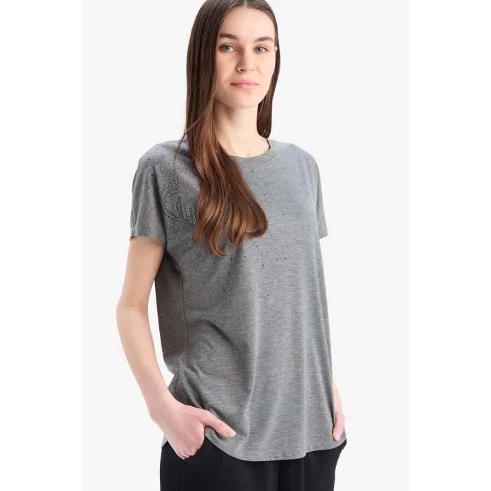 Defacto E9333 Antrasit  Bisiklet Yaka Basic Düz  Kısa Kollu Tişört