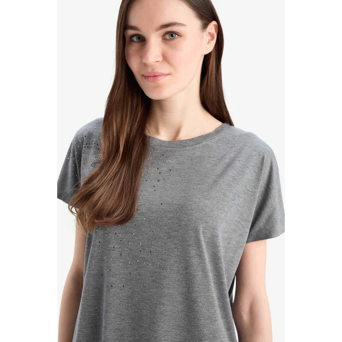 Defacto E9333 Antrasit  Bisiklet Yaka Basic Düz  Kısa Kollu Tişört