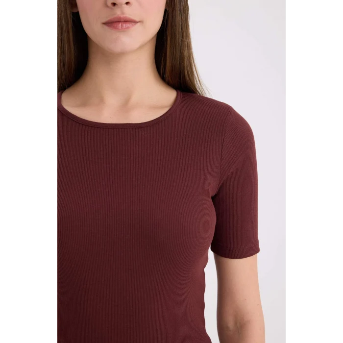 Defacto E5776 Bordo Slim Fit Dar Kesim Bisiklet Yaka Basic Düz Fitilli Kaşkorse Kısa Kollu Tişört