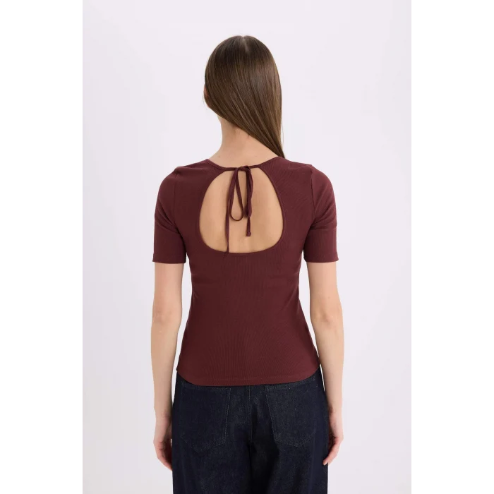 Defacto E5776 Bordo Slim Fit Dar Kesim Bisiklet Yaka Basic Düz Fitilli Kaşkorse Kısa Kollu Tişört