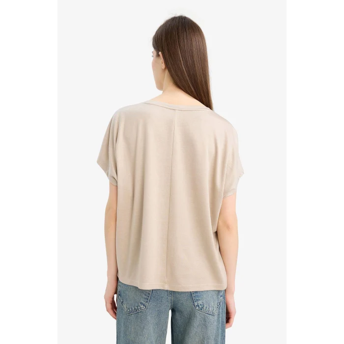 Defacto C8807 Bej Bisiklet Yaka Basic Düz Modal Kısa Kollu Tişört