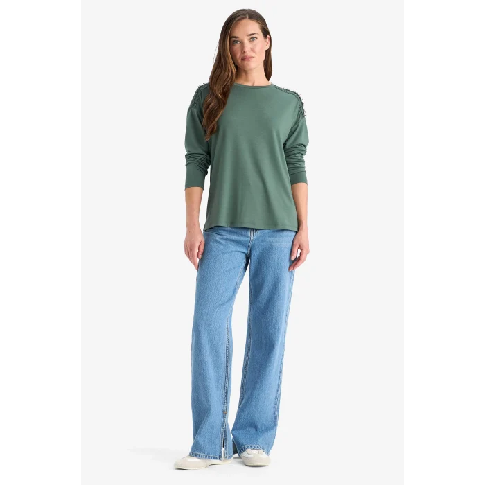 Defacto E9905 Haki Regular Fit Bisiklet Yaka Basic Düz Uzun Kollu Tişört