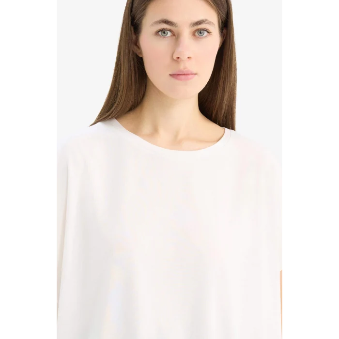 Defacto C8807 Ekru Bisiklet Yaka Basic Düz Modal Kısa Kollu Tişört