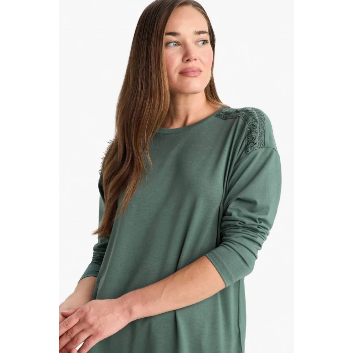 Defacto E9905 Haki Regular Fit Bisiklet Yaka Basic Düz Uzun Kollu Tişört