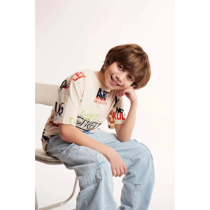 Defacto D9492 Bej Erkek Çocuk Bisiklet Yaka Baskılı Kısa Kollu Tişört