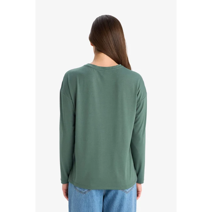 Defacto E9905 Haki Regular Fit Bisiklet Yaka Basic Düz Uzun Kollu Tişört