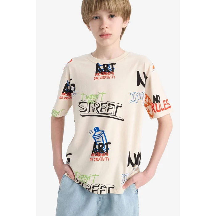 Defacto D9492 Bej Erkek Çocuk Bisiklet Yaka Baskılı Kısa Kollu Tişört
