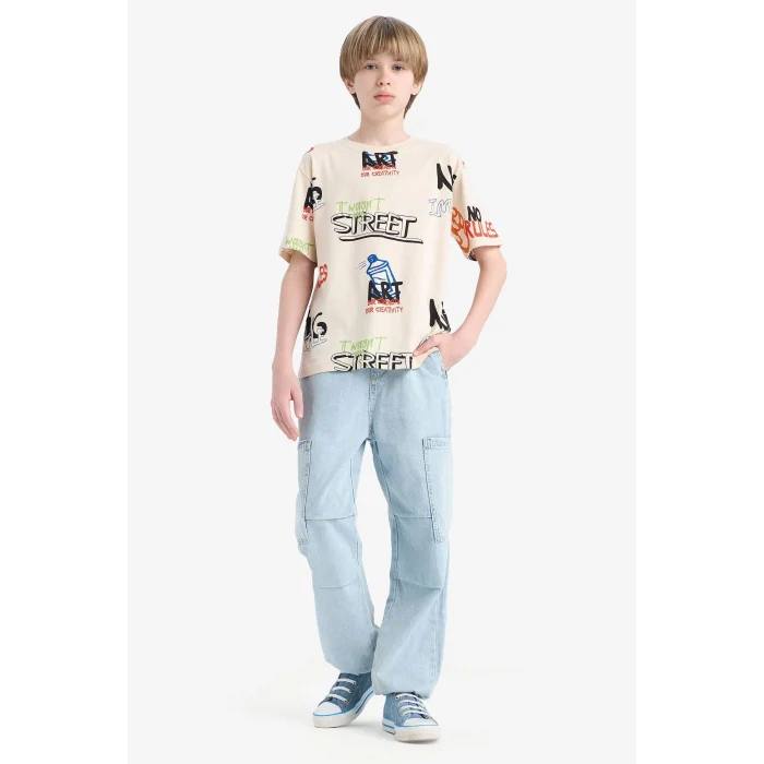 Defacto D9492 Bej Erkek Çocuk Bisiklet Yaka Baskılı Kısa Kollu Tişört