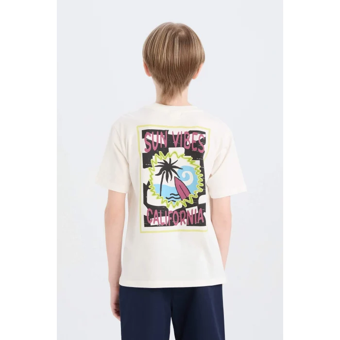 Defacto E0969 Beyaz Erkek Çocuk Bisiklet Yaka Sırt Baskılı Kısa Kollu Tişört