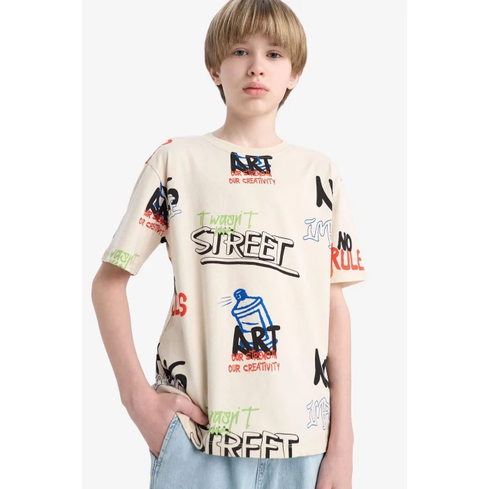 Defacto D9492 Bej Erkek Çocuk Bisiklet Yaka Baskılı Kısa Kollu Tişört