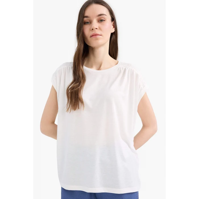 Defacto E7558 Ekru Bisiklet Yaka Basic Düz Kısa Kollu Tişört