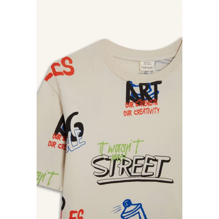 Defacto D9492 Bej Erkek Çocuk Bisiklet Yaka Baskılı Kısa Kollu Tişört