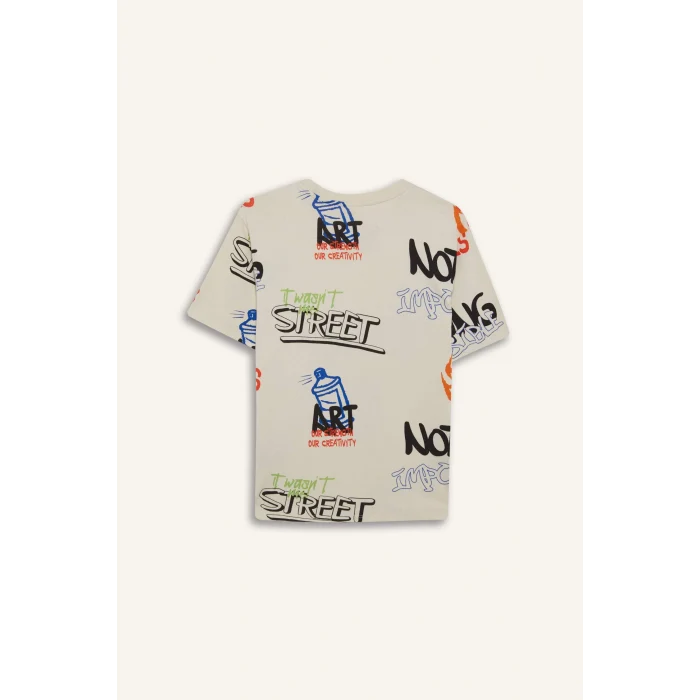 Defacto D9492 Bej Erkek Çocuk Bisiklet Yaka Baskılı Kısa Kollu Tişört