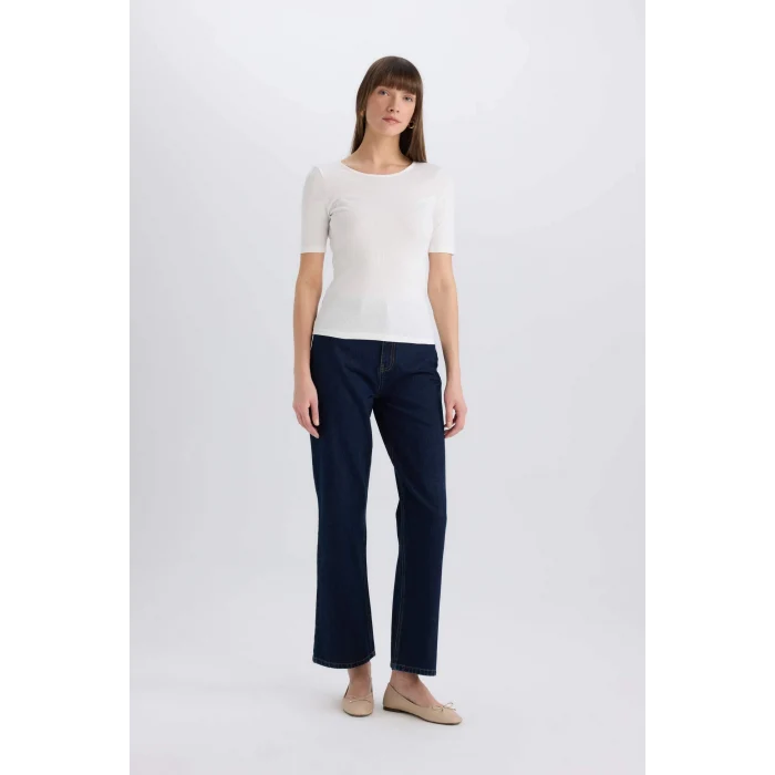 Defacto E5776 Ekru Slim Fit Dar Kesim Bisiklet Yaka Basic Düz Fitilli Kaşkorse Kısa Kollu Tişört