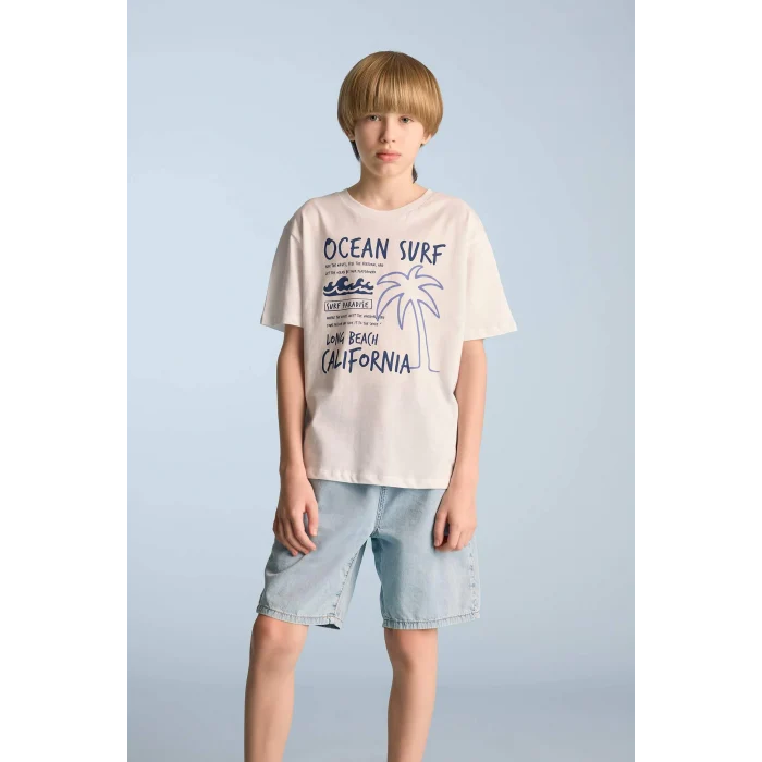 Defacto E6315 Beyaz Erkek Çocuk Bisiklet Yaka Baskılı Kısa Kollu Tişört