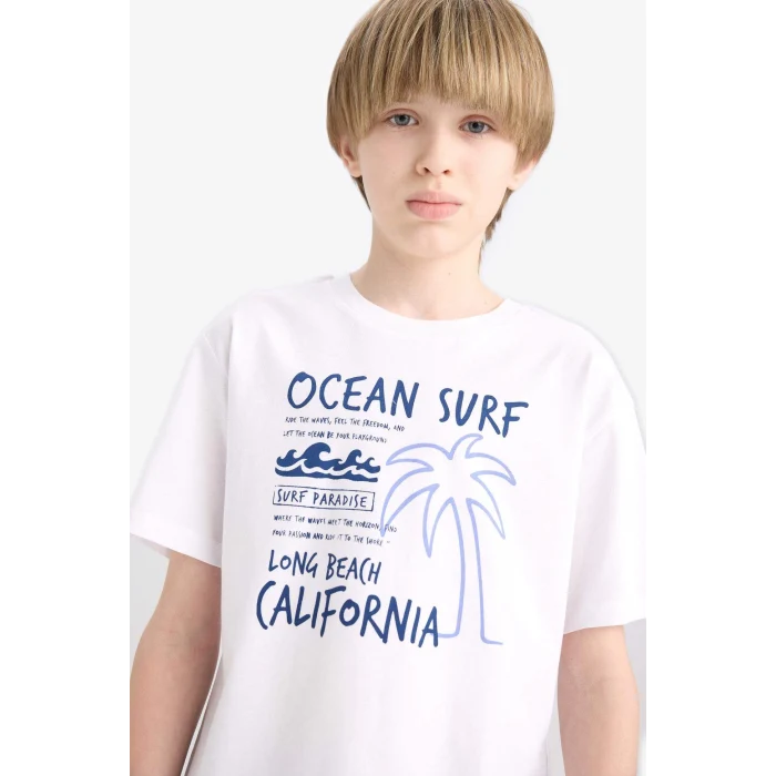 Defacto E6315 Beyaz Erkek Çocuk Bisiklet Yaka Baskılı Kısa Kollu Tişört