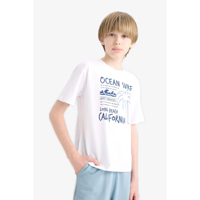 Defacto E6315 Beyaz Erkek Çocuk Bisiklet Yaka Baskılı Kısa Kollu Tişört