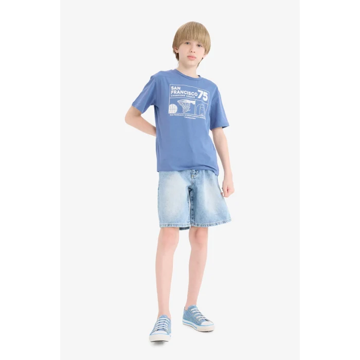 Defacto E6309 Mavi Erkek Çocuk Bisiklet Yaka Baskılı Kısa Kollu Tişört