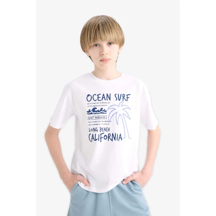 Defacto E6315 Beyaz Erkek Çocuk Bisiklet Yaka Baskılı Kısa Kollu Tişört