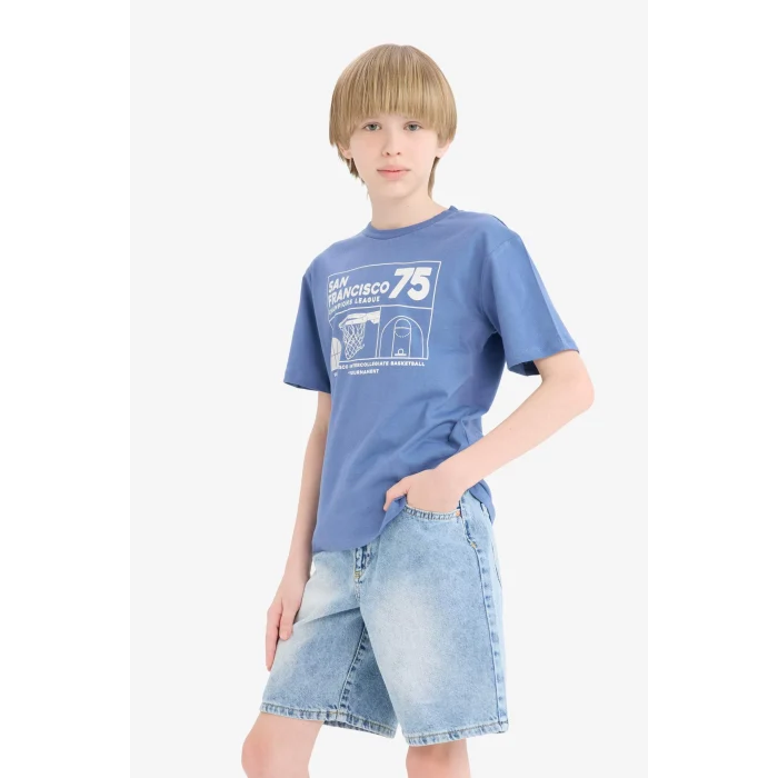 Defacto E6309 Mavi Erkek Çocuk Bisiklet Yaka Baskılı Kısa Kollu Tişört