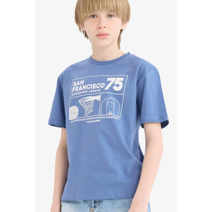 Defacto E6309 Mavi Erkek Çocuk Bisiklet Yaka Baskılı Kısa Kollu Tişört