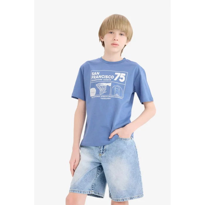 Defacto E6309 Mavi Erkek Çocuk Bisiklet Yaka Baskılı Kısa Kollu Tişört