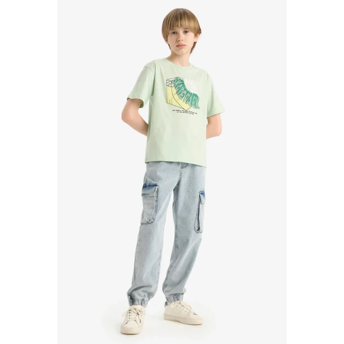 Defacto E6310 Yeşil Erkek Çocuk Bisiklet Yaka Baskılı Kısa Kollu Tişört