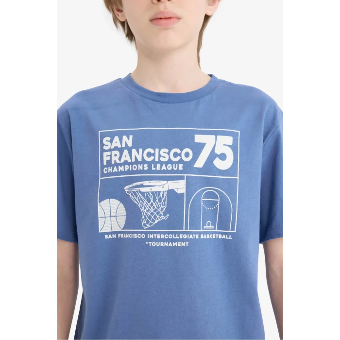 Defacto E6309 Mavi Erkek Çocuk Bisiklet Yaka Baskılı Kısa Kollu Tişört