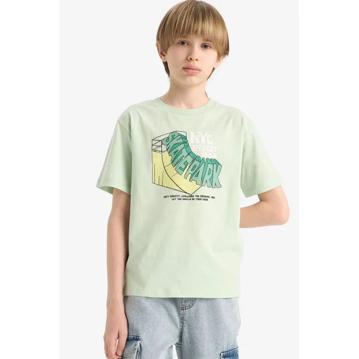 Defacto E6310 Yeşil Erkek Çocuk Bisiklet Yaka Baskılı Kısa Kollu Tişört