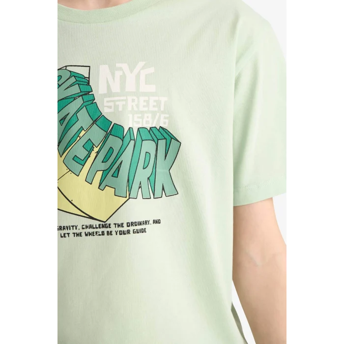 Defacto E6310 Yeşil Erkek Çocuk Bisiklet Yaka Baskılı Kısa Kollu Tişört