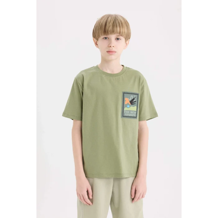 Defacto E0966 Haki Erkek Çocuk Bisiklet Yaka Nakışlı Kısa Kollu Tişört