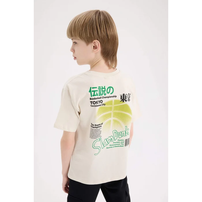 Defacto E0100 Bej Erkek Çocuk Bisiklet Yaka Sırt Baskılı Kısa Kollu Tişört