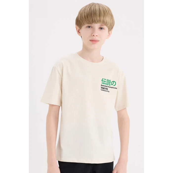 Defacto E0100 Bej Erkek Çocuk Bisiklet Yaka Sırt Baskılı Kısa Kollu Tişört