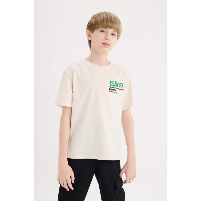 Defacto E0100 Bej Erkek Çocuk Bisiklet Yaka Sırt Baskılı Kısa Kollu Tişört