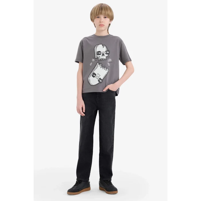 Defacto D9293 Antrasit Erkek Çocuk Bisiklet Yaka Kaykay Baskılı Kısa Kollu Tişört