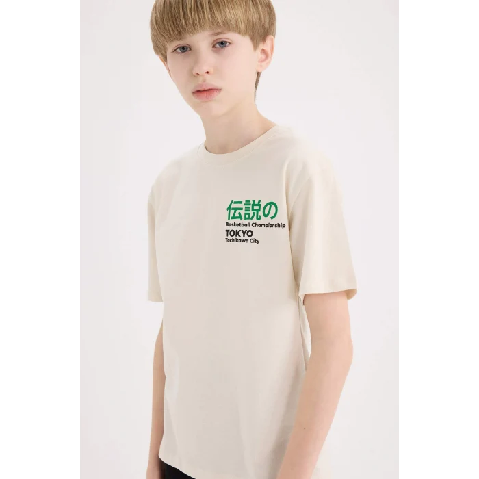 Defacto E0100 Bej Erkek Çocuk Bisiklet Yaka Sırt Baskılı Kısa Kollu Tişört