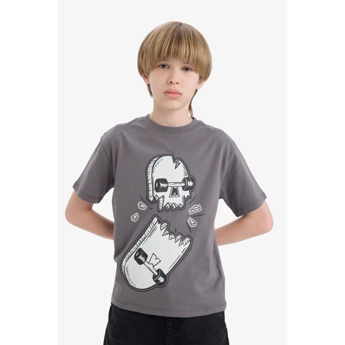 Defacto D9293 Antrasit Erkek Çocuk Bisiklet Yaka Kaykay Baskılı Kısa Kollu Tişört