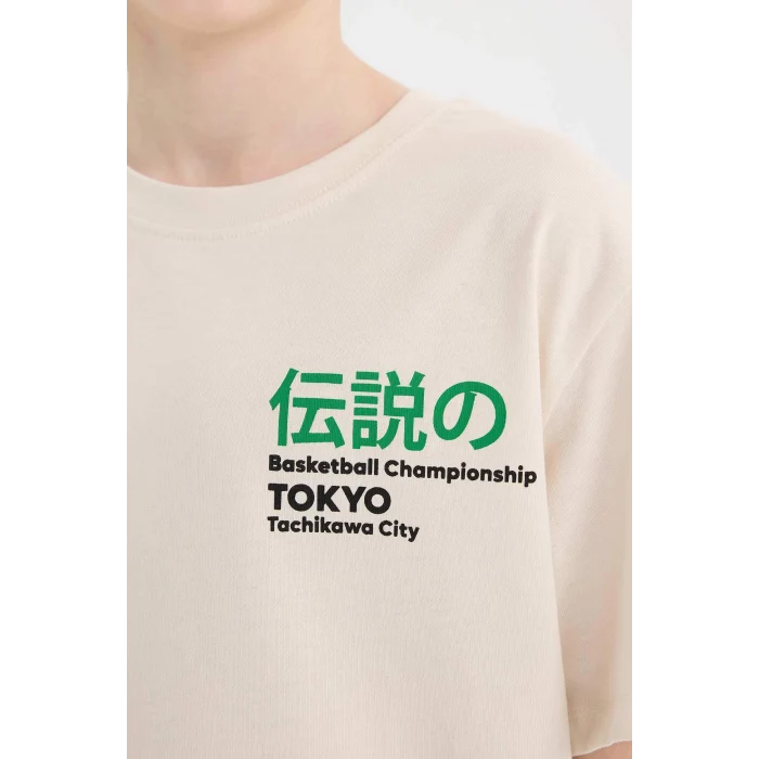 Defacto E0100 Bej Erkek Çocuk Bisiklet Yaka Sırt Baskılı Kısa Kollu Tişört